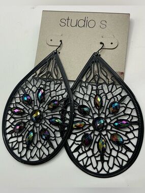 STUDIO S BLACK FILAGREE LARGE TEARDROP EARRINGS WITH IRIDESCENT GEMS